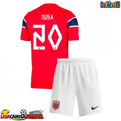 Camisa de Futebol Noruega Antonio Nusa #20 Equipamento Principal Infantil Mundo 2026 Manga Curta (+ Calças curtas)